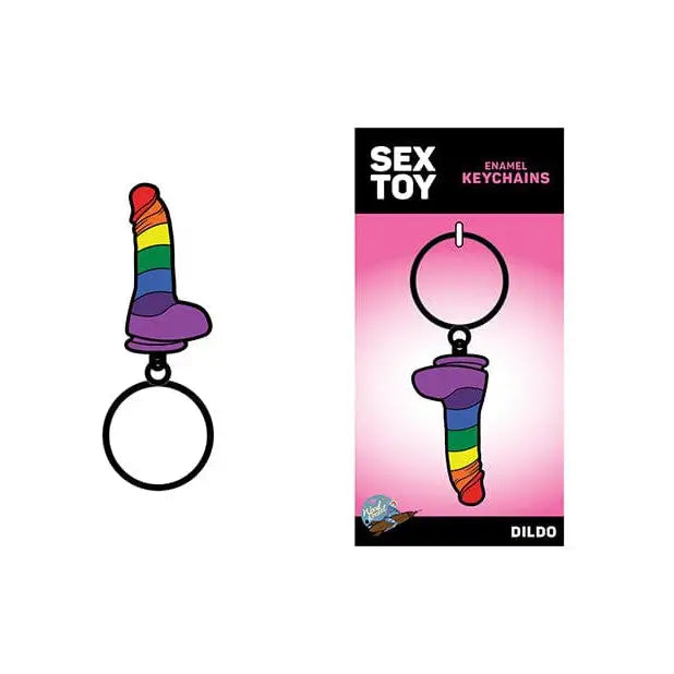 Wood Rocket Pride Dildo Keychain - Rainbow-colored phallic-shaped sex toy keychain