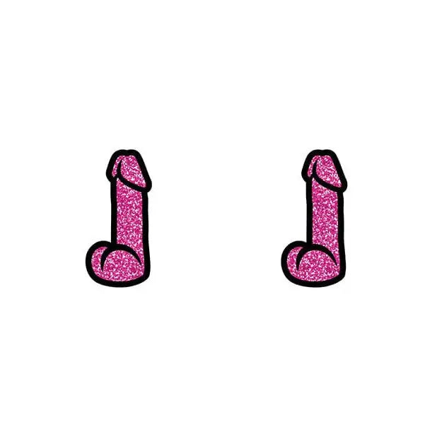 Wood Rocket Sex Toy Dildo Earrings - Two pink glittery cartoon-style phallic shapes