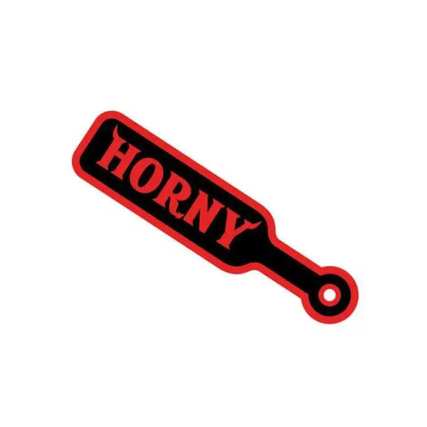 Red and black horny paddle sex toy from Wood Rocket, featuring the word ’HORNY.’