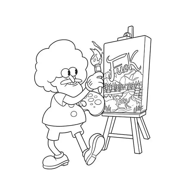 Cartoon character with afro painting in Wood Rocket Suck My Crayon coloring book