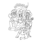 Line drawing of caricatured celebrity figures in Wood Rocket Who Smokes Herb Coloring Book