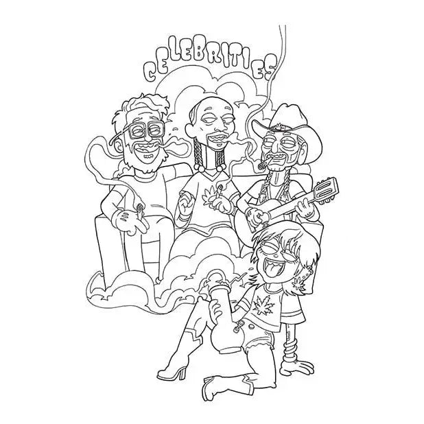 Line drawing of caricatured celebrity figures in Wood Rocket Who Smokes Herb Coloring Book