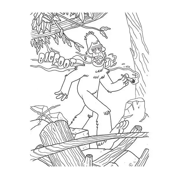 Cartoon Bigfoot Smokes Herb in Forest - Wood Rocket Coloring Book