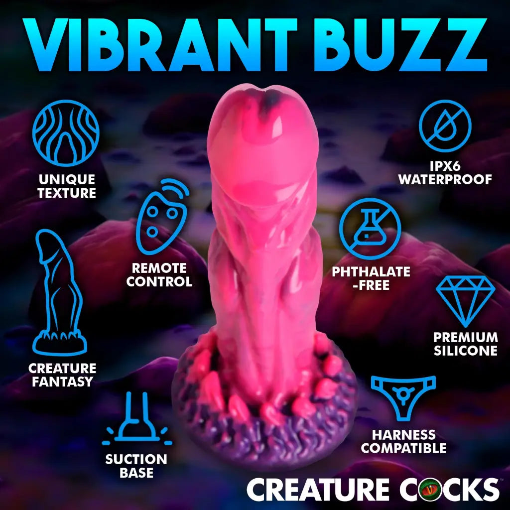 Creature Cocks Xenox: Pink, textured silicone dildo with suction cup base and curved shaft