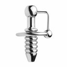 Shiny metal wine bottle stopper with decorative spiral design, like a ribbed urethral sound