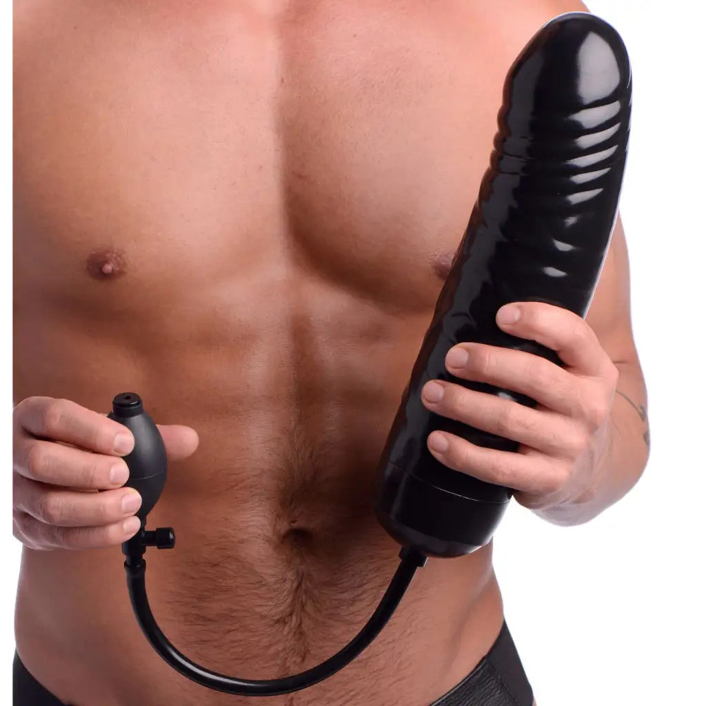 Inflatable black xxl inflatable dildo with ribbed texture and pump attachment