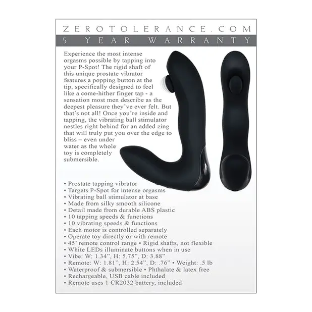 Zero Tolerance Tap It Rechargeable Remote-Controlled Tapping Vibrating Silicone Prostate Massager Black - Powered Butt