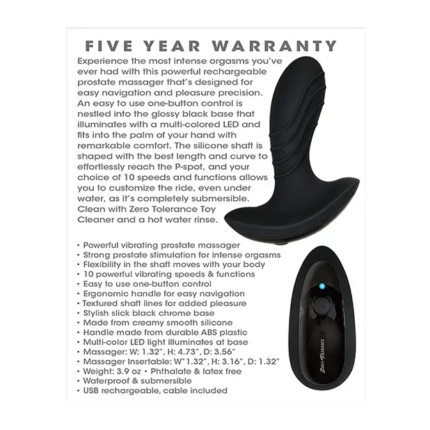 Zero Tolerance The Gentleman Rechargeable Vibrating Silicone Prostate Massager - Black - Powered Butt Plug