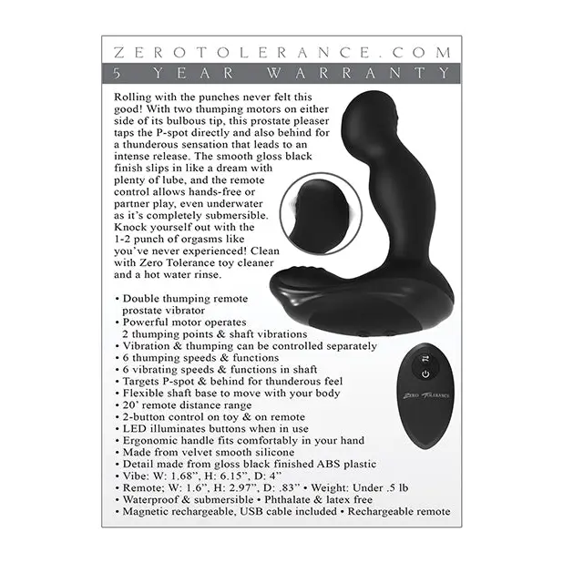 Zero Tolerance The One-Two Punch Rechargeable Remote-Controlled Vibrating Tapping Silicone Prostate Massager Black