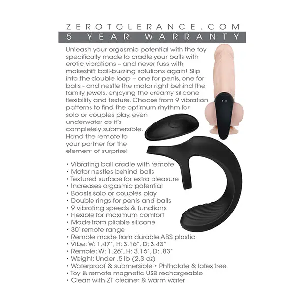 Zero Tolerance Vibrating Ball Cradle Rechargeable Remote-Controlled Silicone Cockring Black - Cock Ring