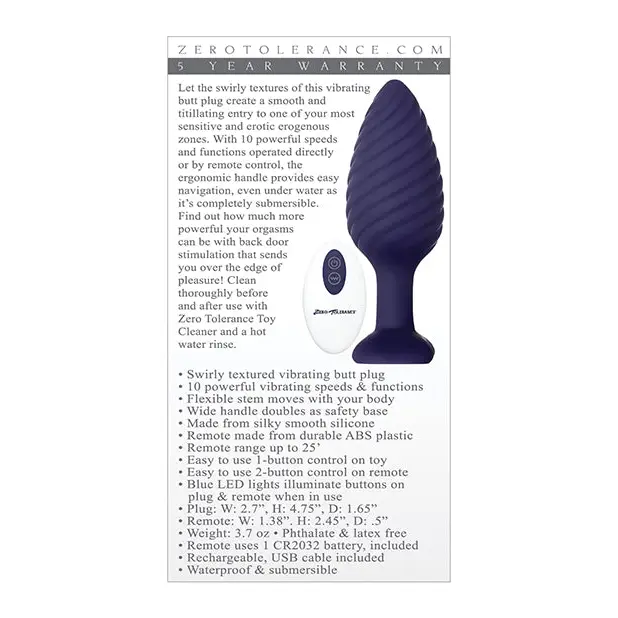 Zero Tolerance Wicked Twister Rechargeable Remote-Controlled Textured Vibrating Silicone Anal Plug - Purple - Powered