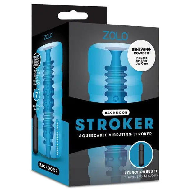 Blue ZOLO Backdoor Squeezable Vibrating Stroker in retail box with textured surface