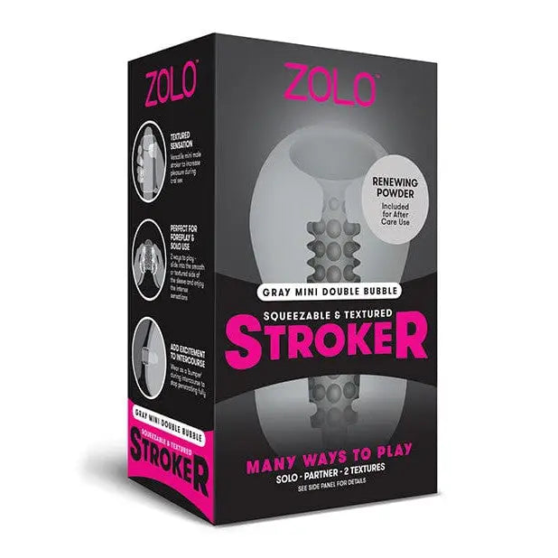 Gray textured Zolo Mini Double Bubble Stroker in product packaging labeled ’Zolo Stroker’